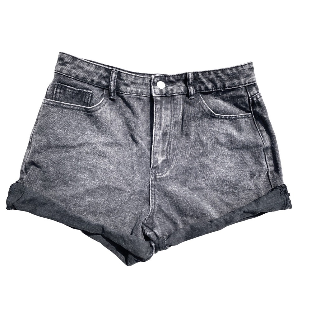Sz L Shein Denim Shorts High Waist Cuffed Hem Distressed Black Wash Large